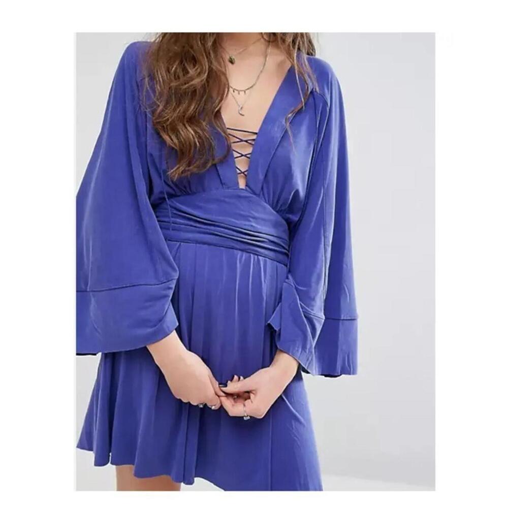 NWT  $148 Free People Blue Kimono Tie Up Mini Dress Size 4 #1140